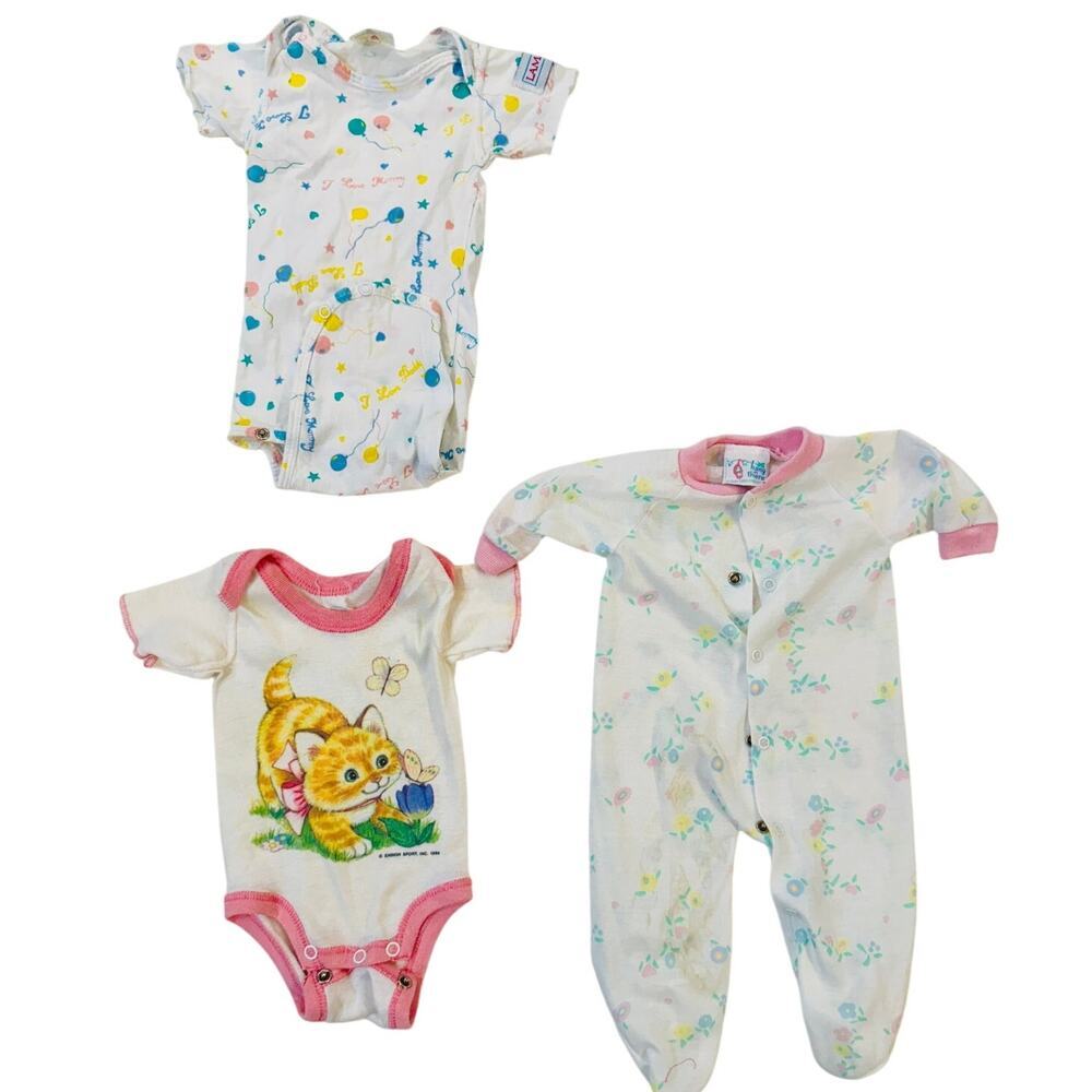Vintage Baby Girl Onesie Lot 80/90s Kawaii Cat Print Footie Pajamas Balloons USA